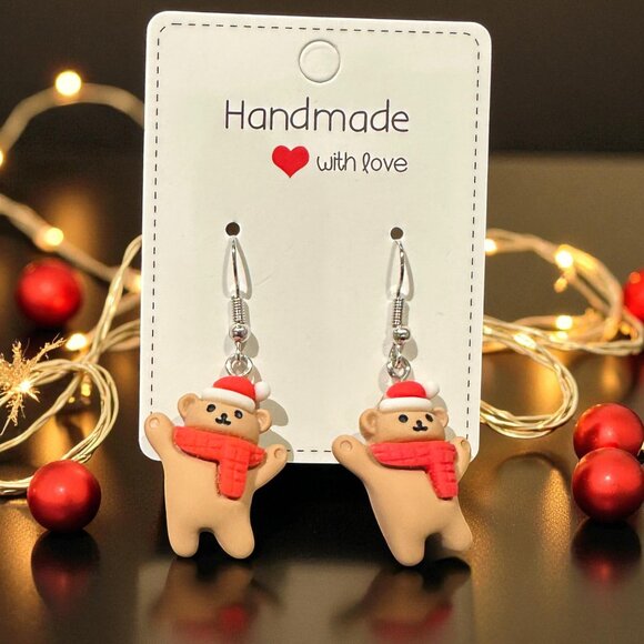 Handmade Teddy Bear Earrings | Christmas Earrings | Polymer Clay Holiday Jewelry - Picture 3 of 8